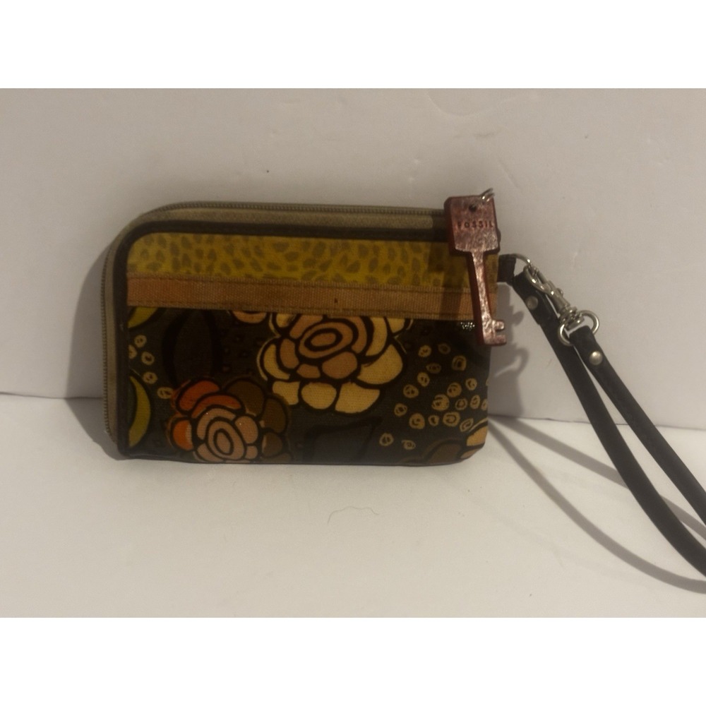 Fossil Small Multicolor Canvas Leather Trim Wristlet Pouch Wallet